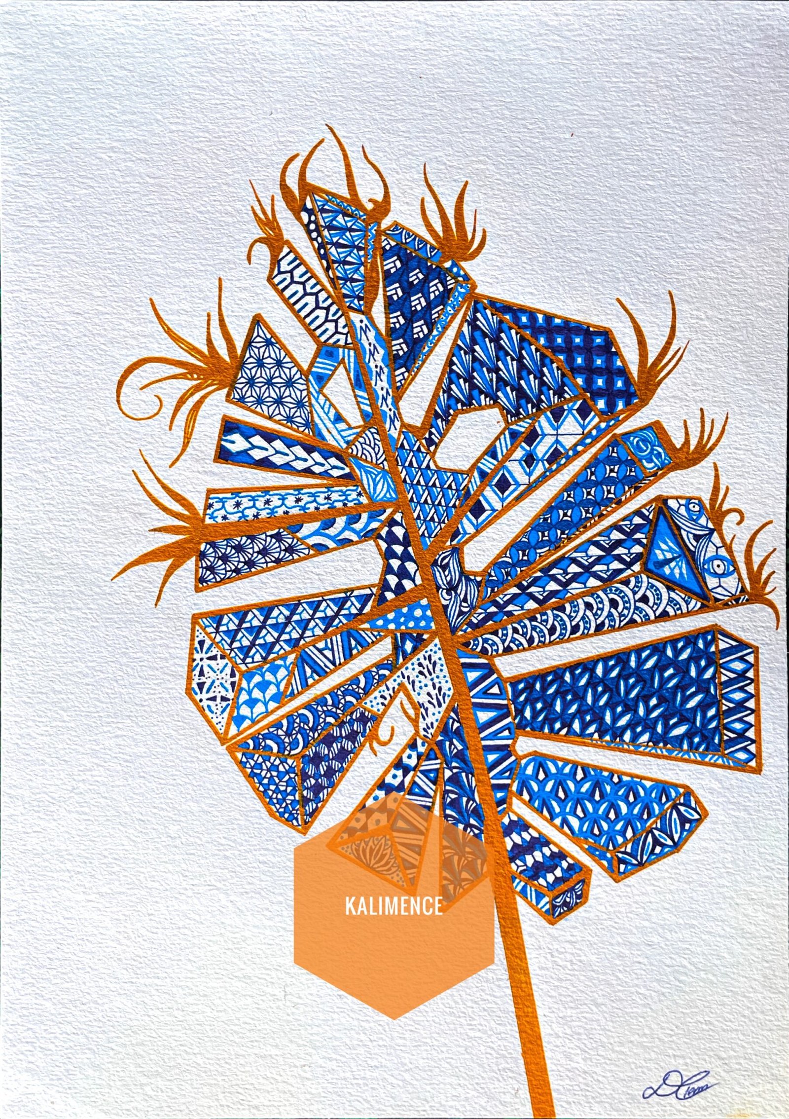monstera, bleu, cuivre, dessin, géométrique, perspective, feuille, nature, orange