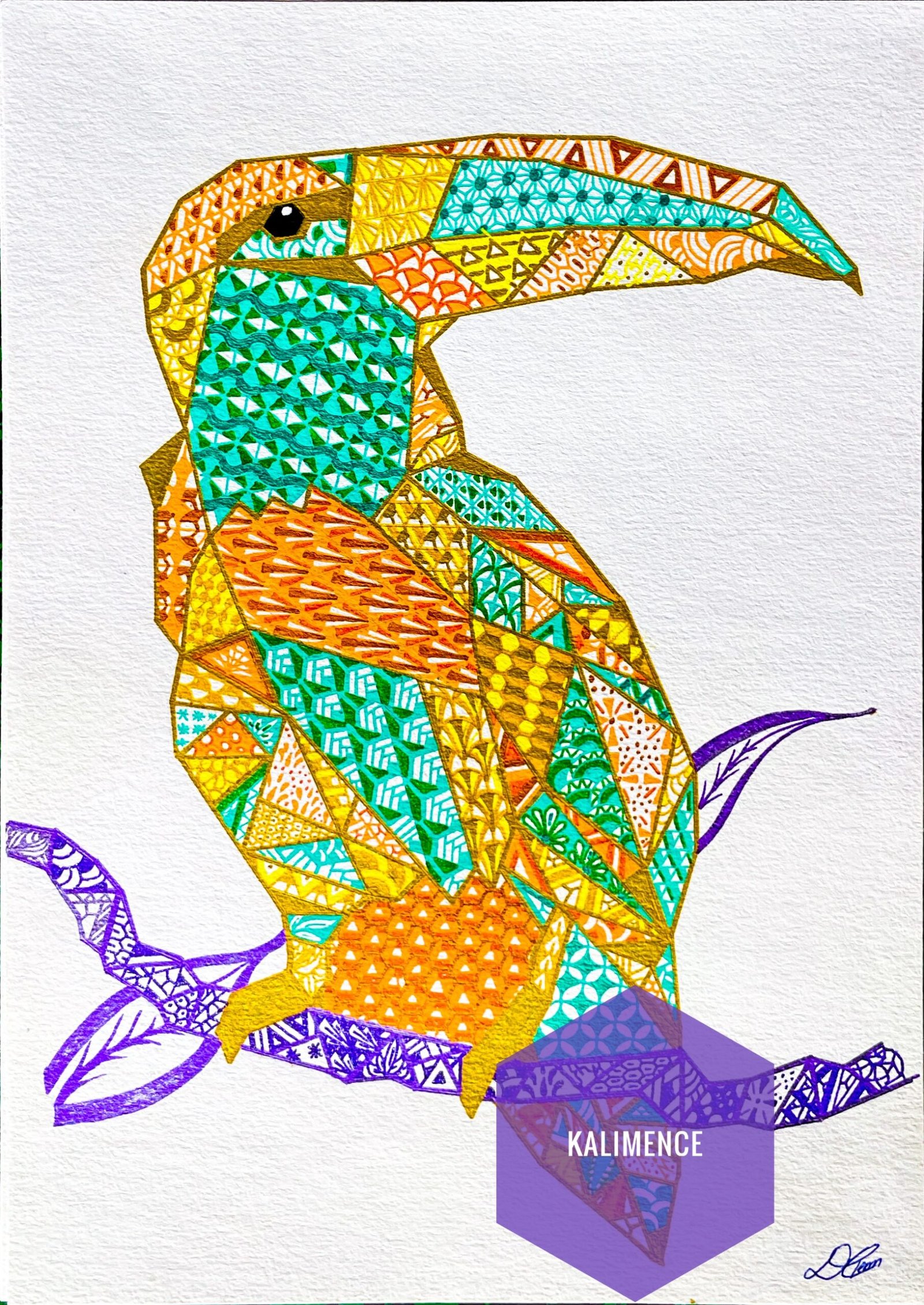 Toucan, rose, violet, vert, jaune, orange, branche, savane, exotique, dessin, géométrique,