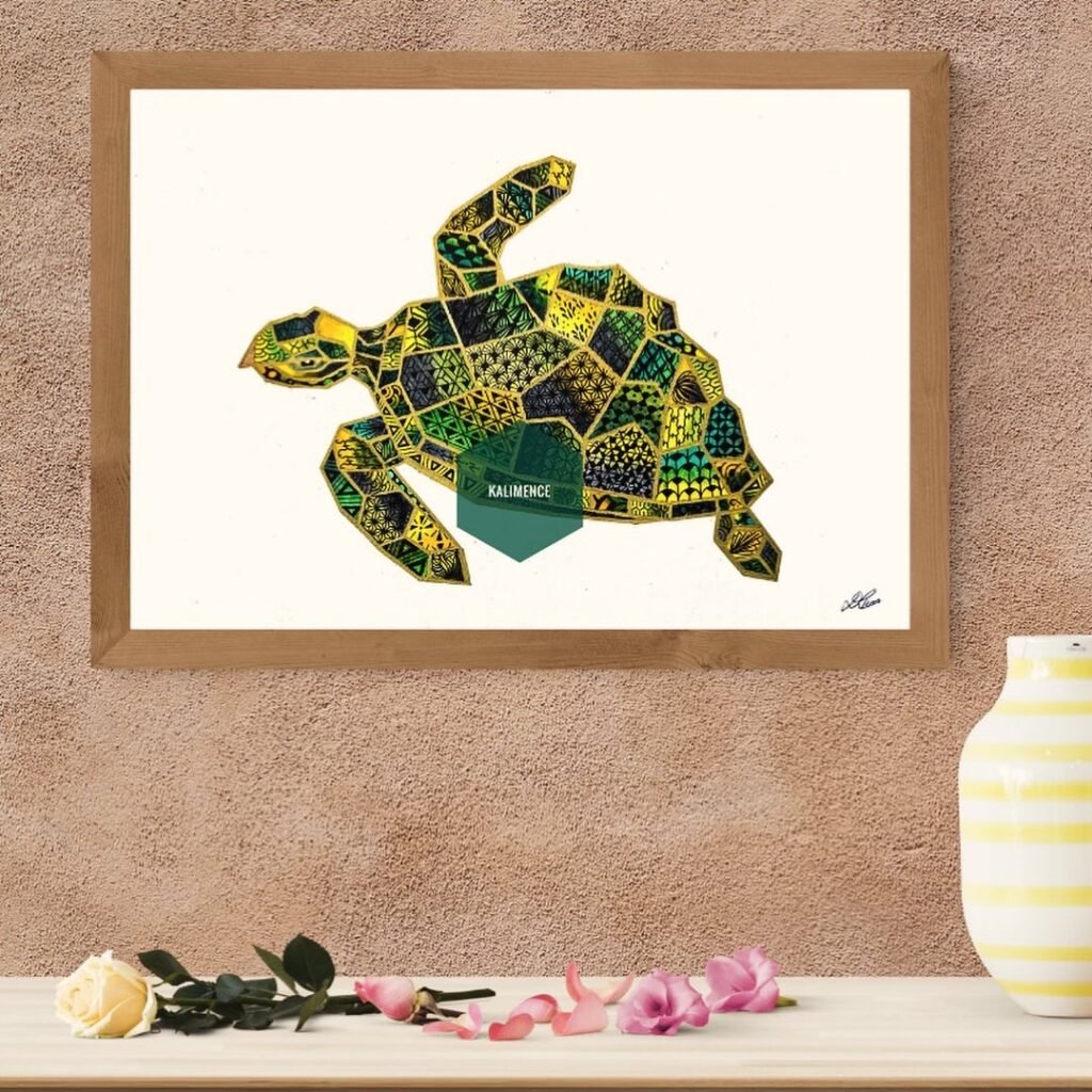 tortue, vert, jaune, motifs, bleu, géométrique, dessin