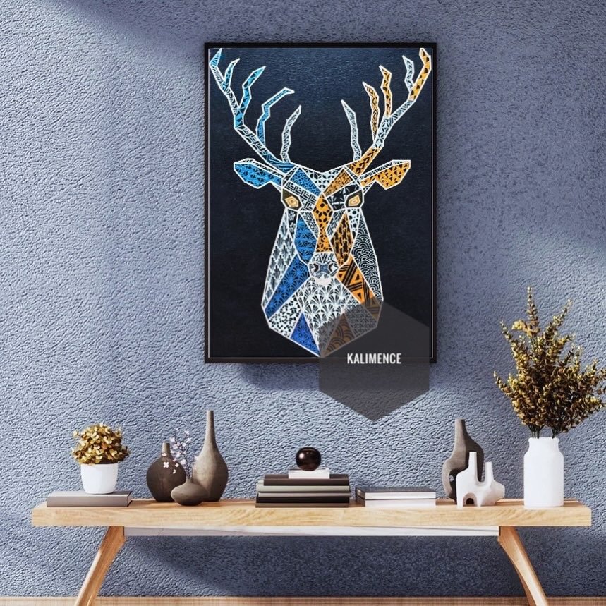 cerf, fond noir, cuivre, bleu, blanc. géométrique, dessin, ramure