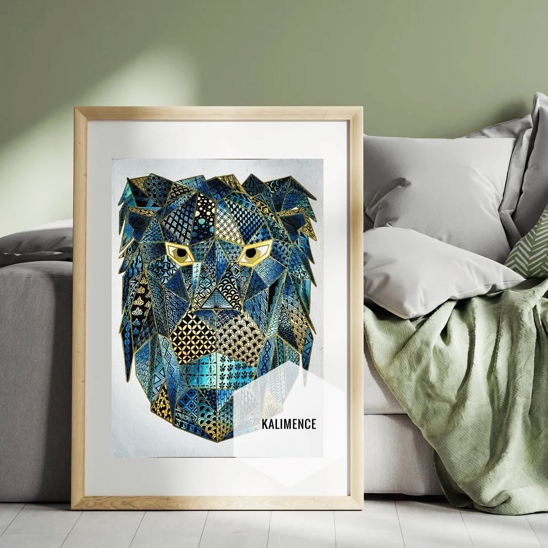 Lion géométrique bleu jaune dessin stylo crayon de couleurs