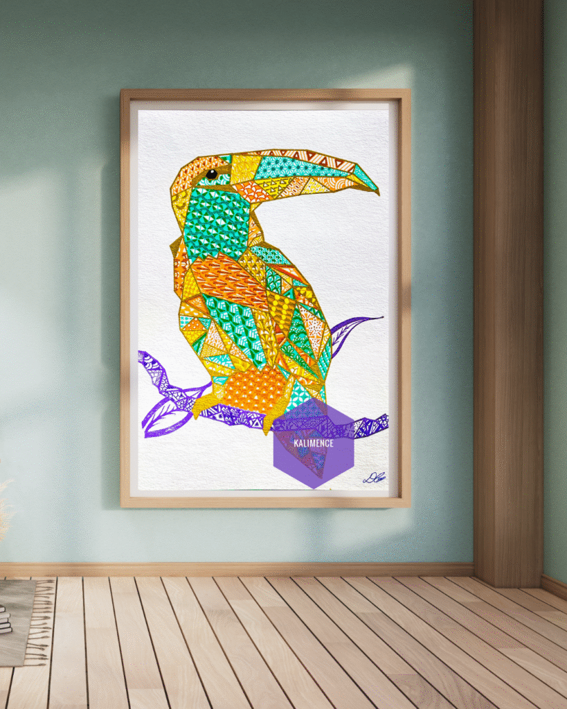 Toucan, rose, violet, vert, jaune, orange, branche, savane, exotique, dessin, géométrique, 