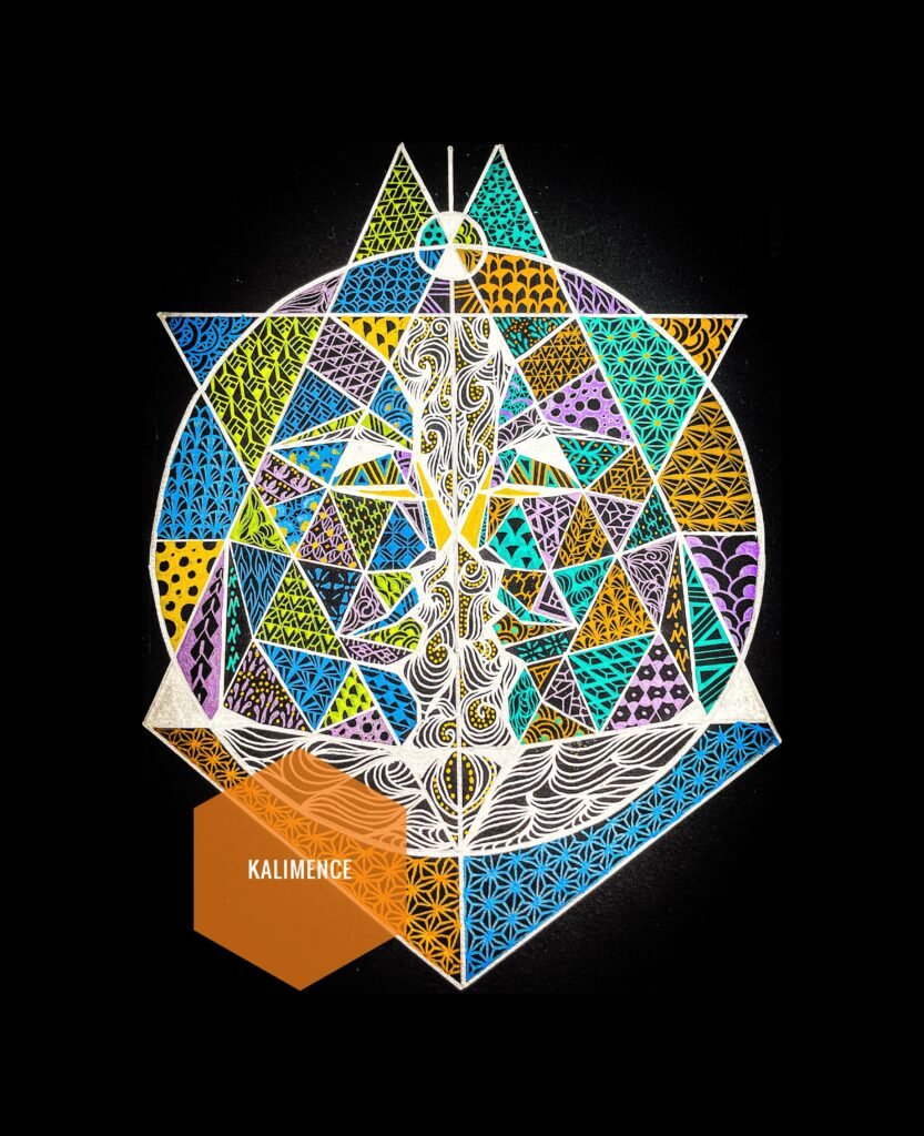 Geneaux, orange, blau, rose, violet, fond noir, dessin, geometrqiue