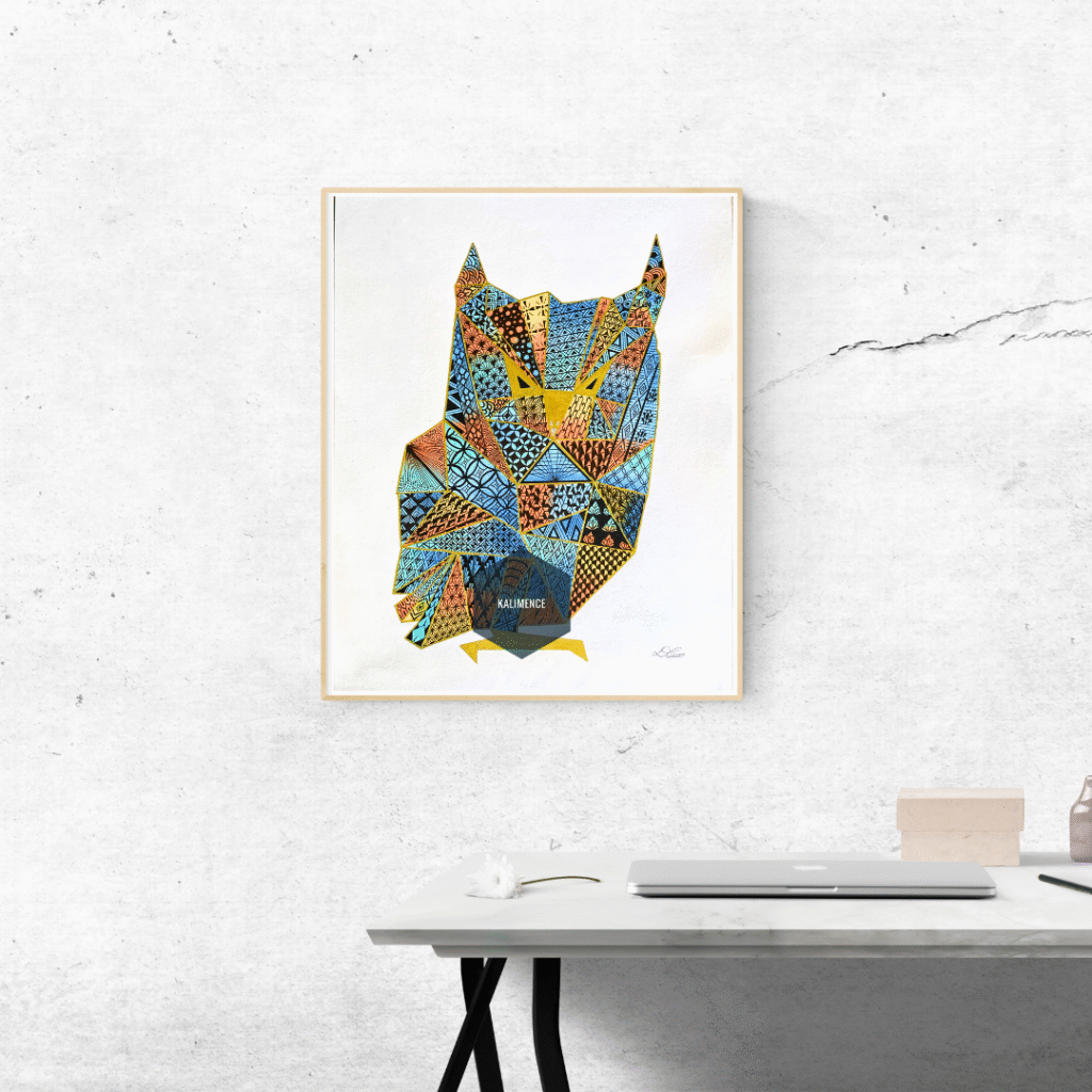 hibou geometrique orange et bleu