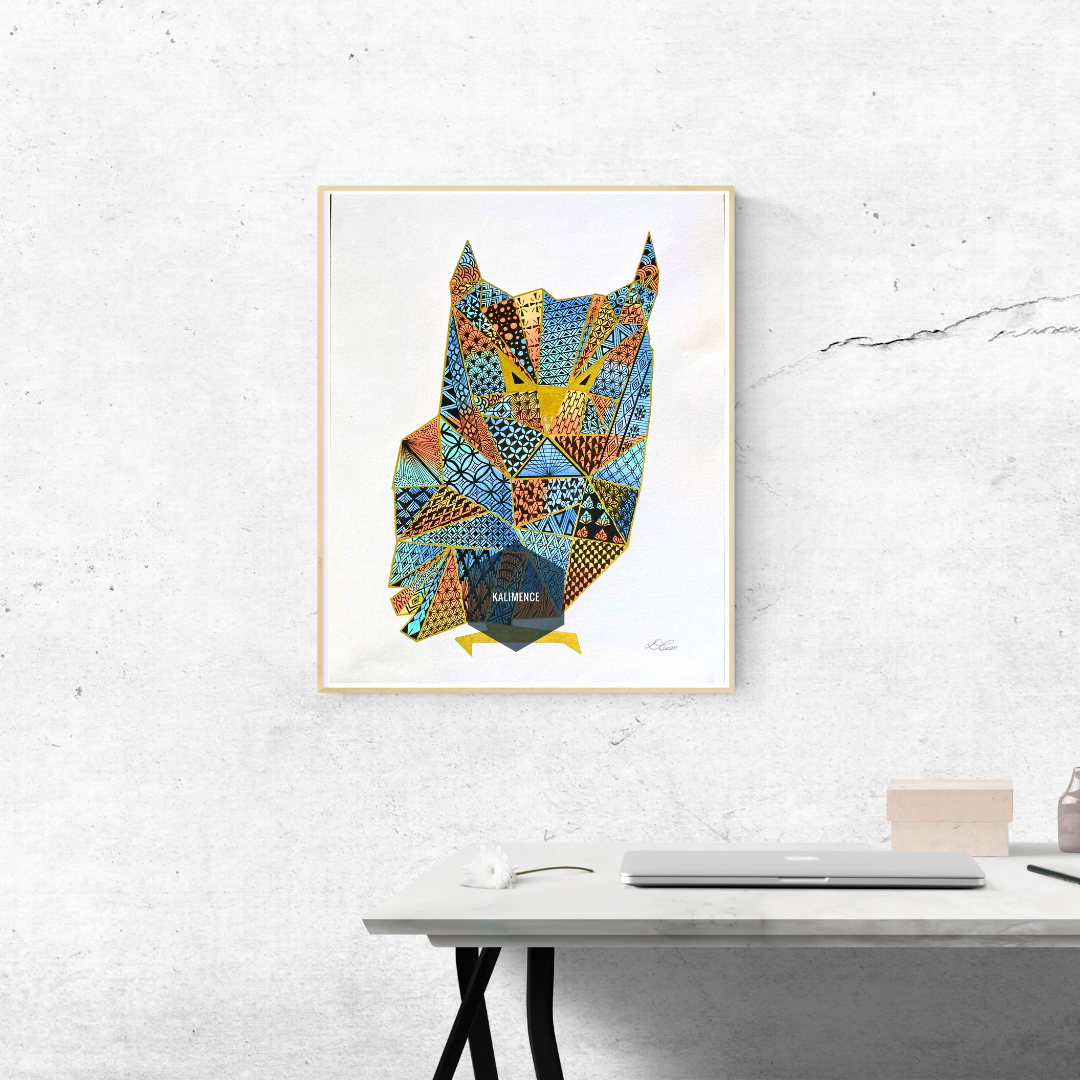 hibou geometrique orange et bleu