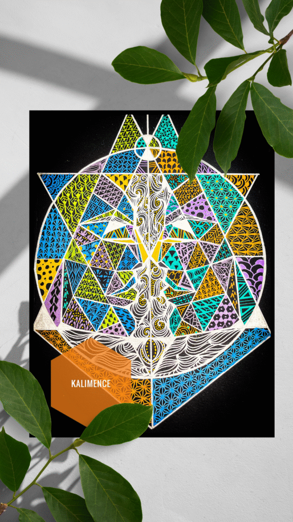 gémeaux, géométrique, orange, jaune, bleu, violet, dessin, fond noir, métallique, astrologie,