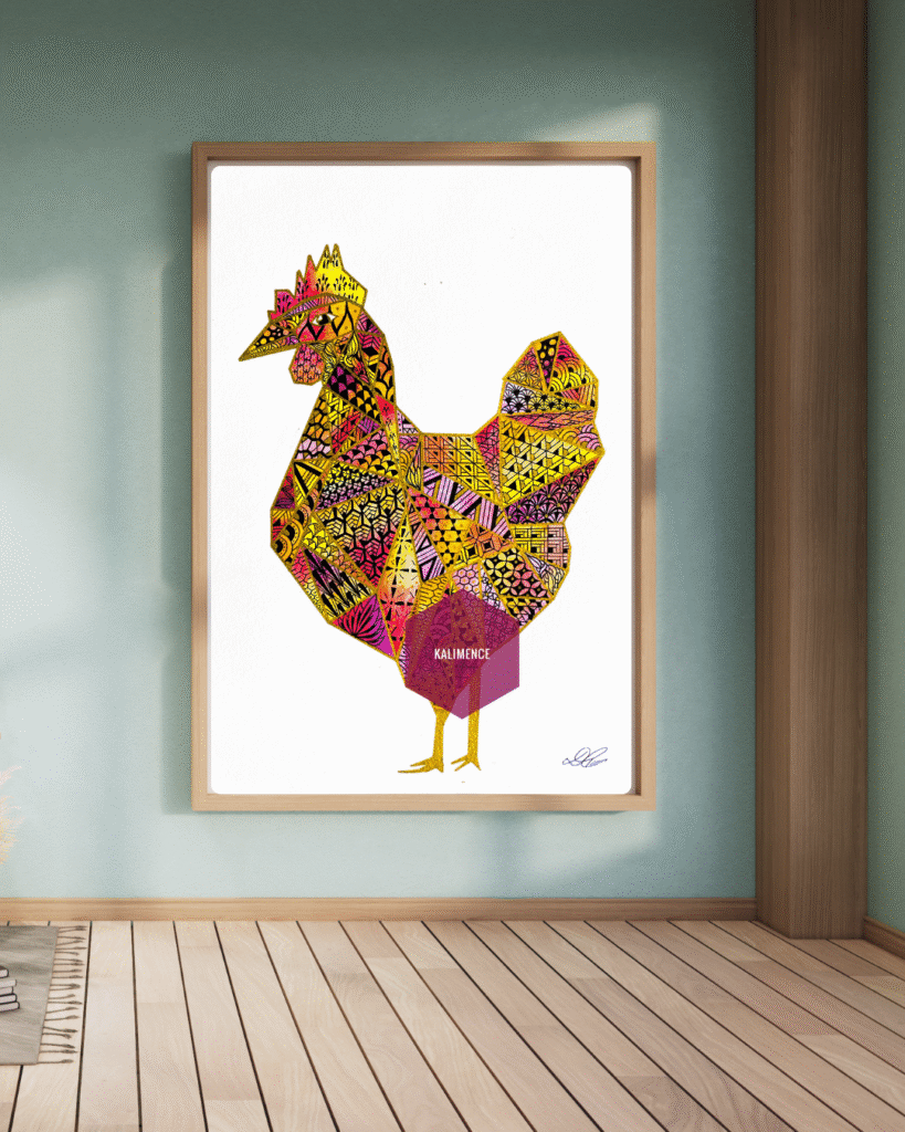 Poule, rose, jaune, orange, violet, géométrique, dessin, decoration, aquarelle