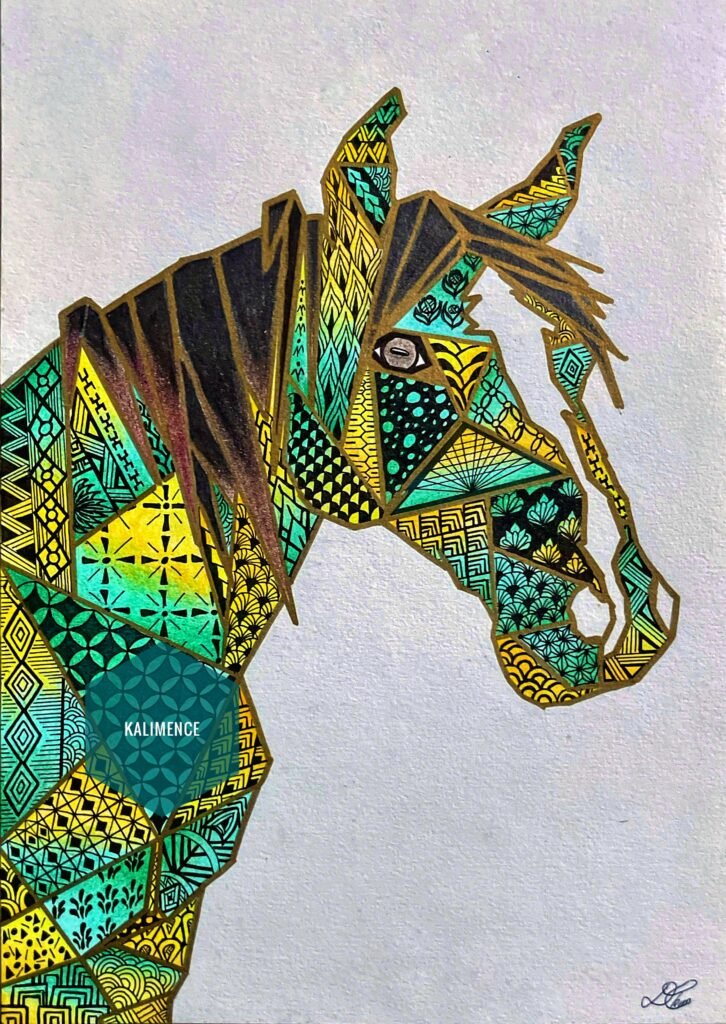 cheval géométrique crapule vert jaune motifs dessin