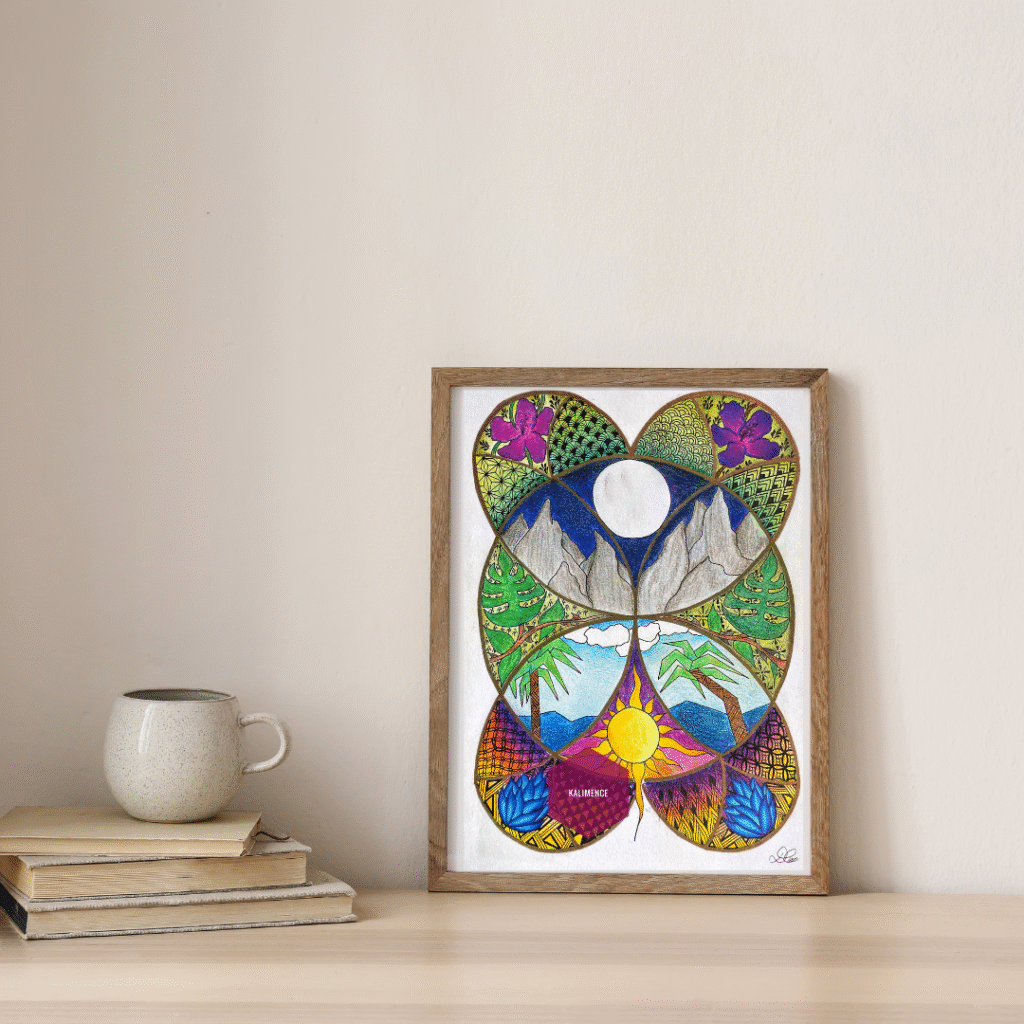 vitrail cadre violet jaune rose bleu montagne plage soleil mer palmier monstera feuilles