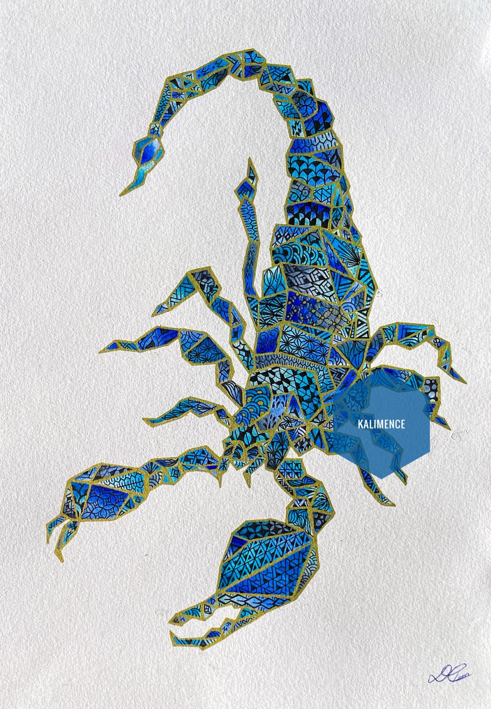 scorpion, bleu, aquarelle, aquarelle métallique, stylo, motifs, dessin, géométrique