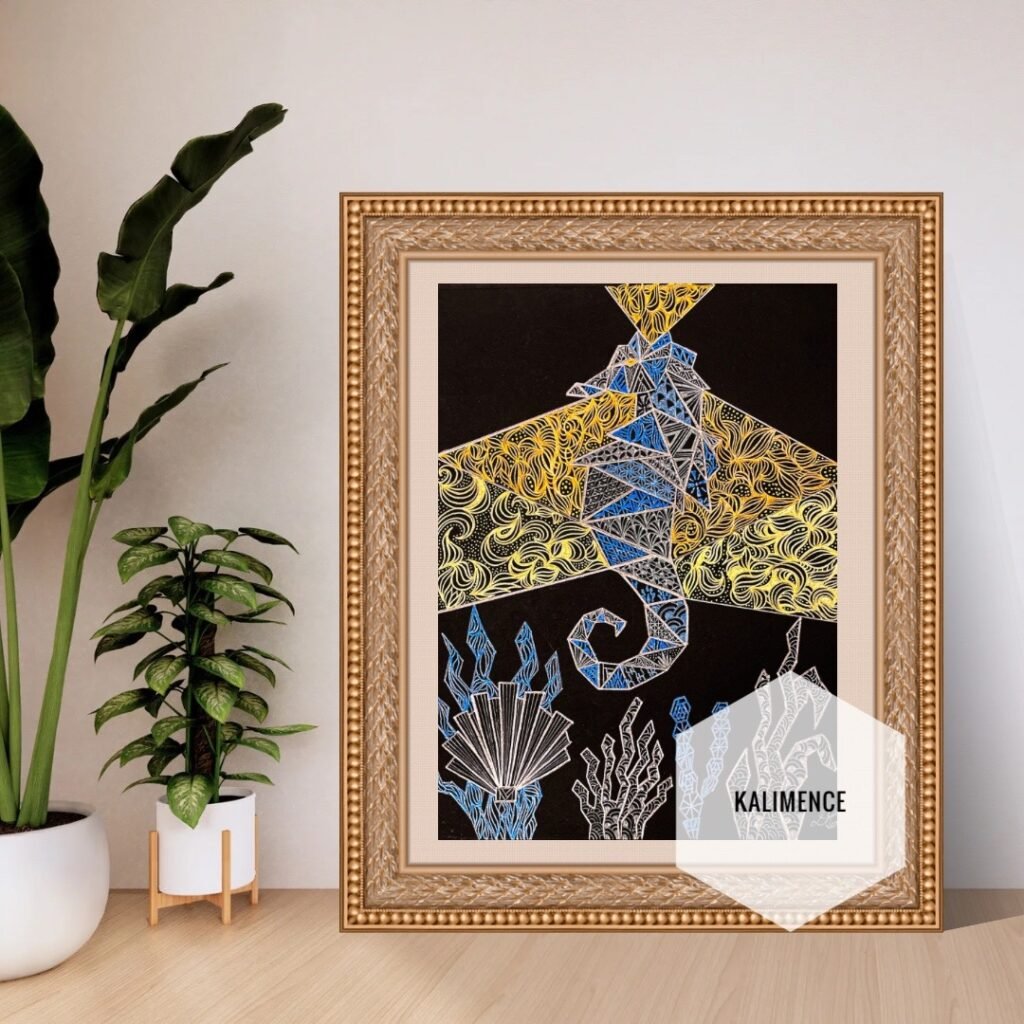 hippocampe, mer, ocean, bleu, corail, motifs, géométrique, dessin