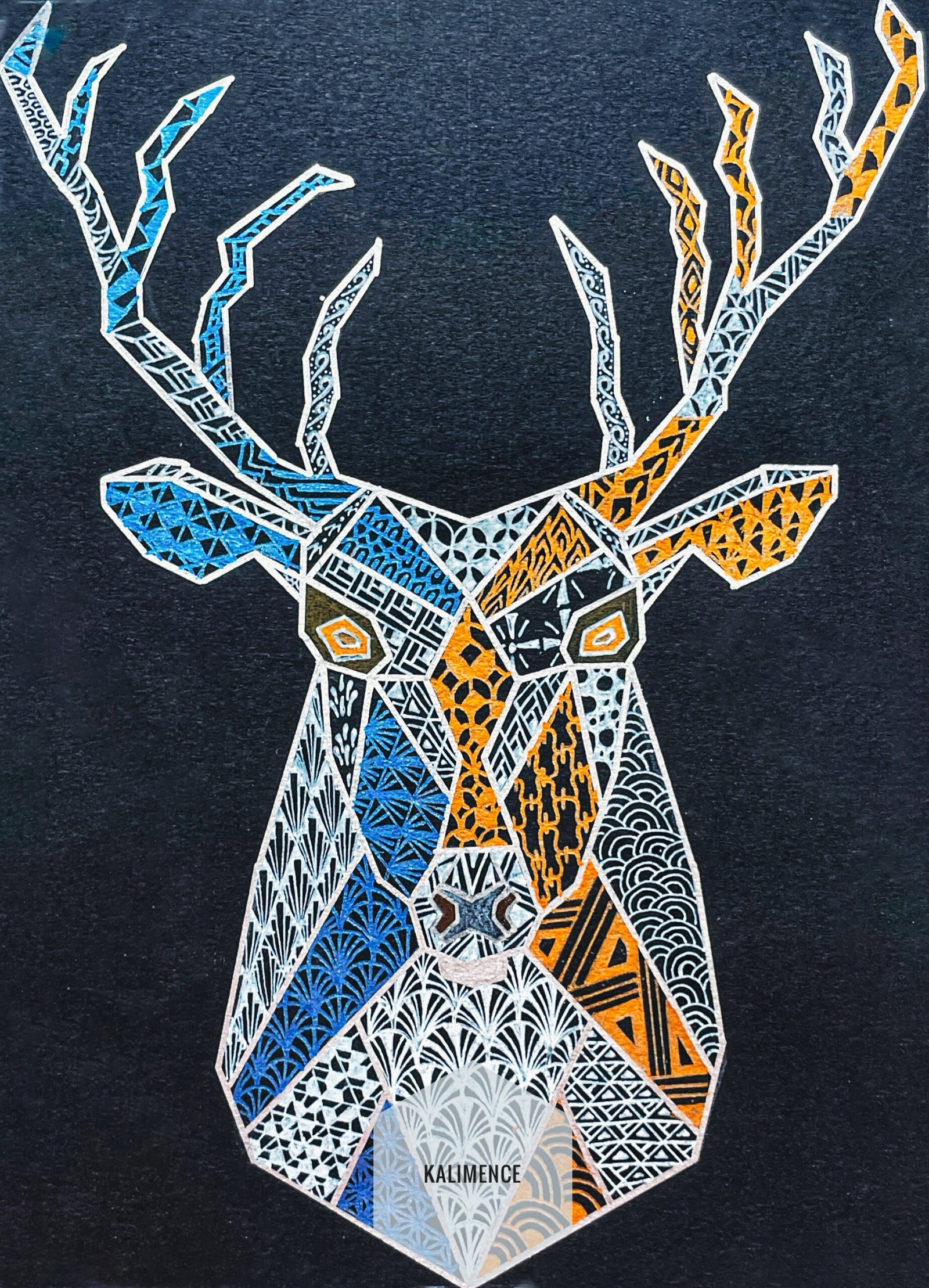 cerf, fond noir, cuivre, bleu, blanc. géométrique, dessin, ramure