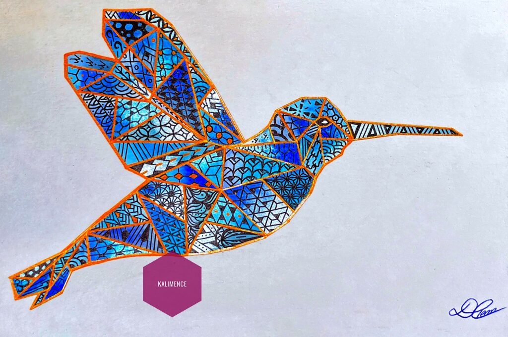 colibri géométrique dessin bleu nuances stylos métalliques