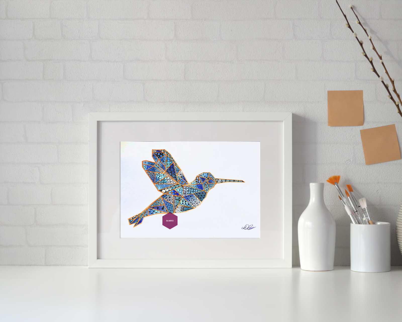 colibri géométrique dessin bleu nuances stylos métalliques