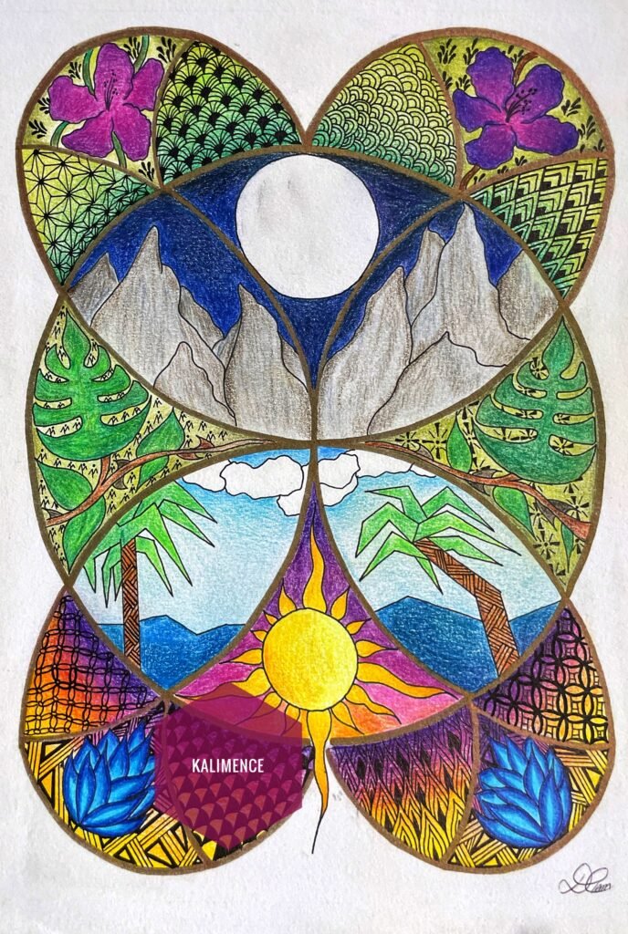 vitrail cadre violet jaune rose bleu montagne plage soleil mer palmier monstera feuilles